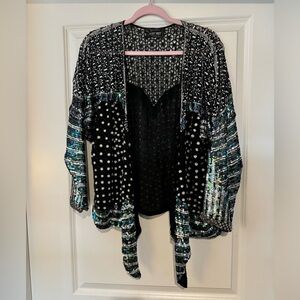 Sister Max Vintage Silk Kimono Shawl Beaded Asymmetrical Black Sheer EUC